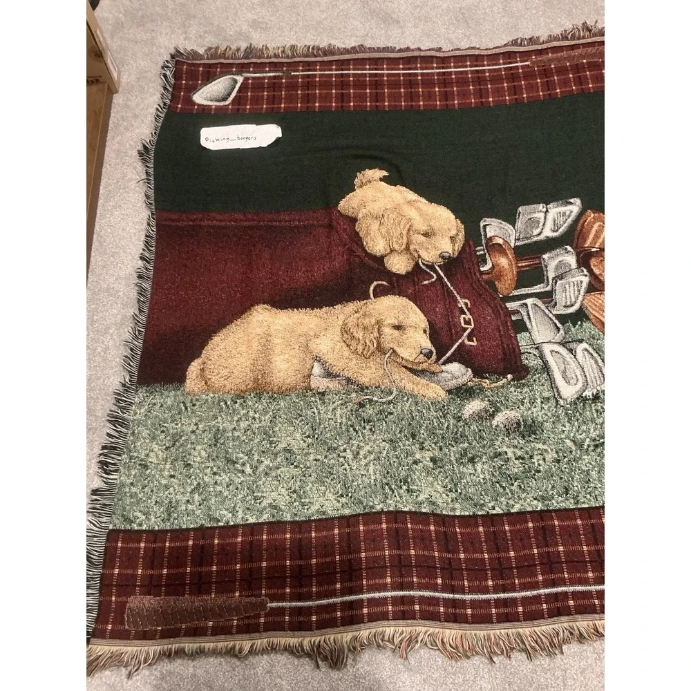 Two Puppy Golden Retriever and golf themed tapestry‎ throw blanket